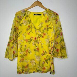 Ralph Lauren Surplice Blouse Size L Floral Georgette Sheer Sleeve Yellow